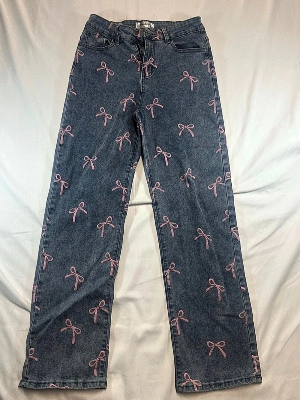 Bamboo Jeans Women’s Size 9 Blue Wide Leg Jeans Pink Bow Print Y2K 27” Inseam